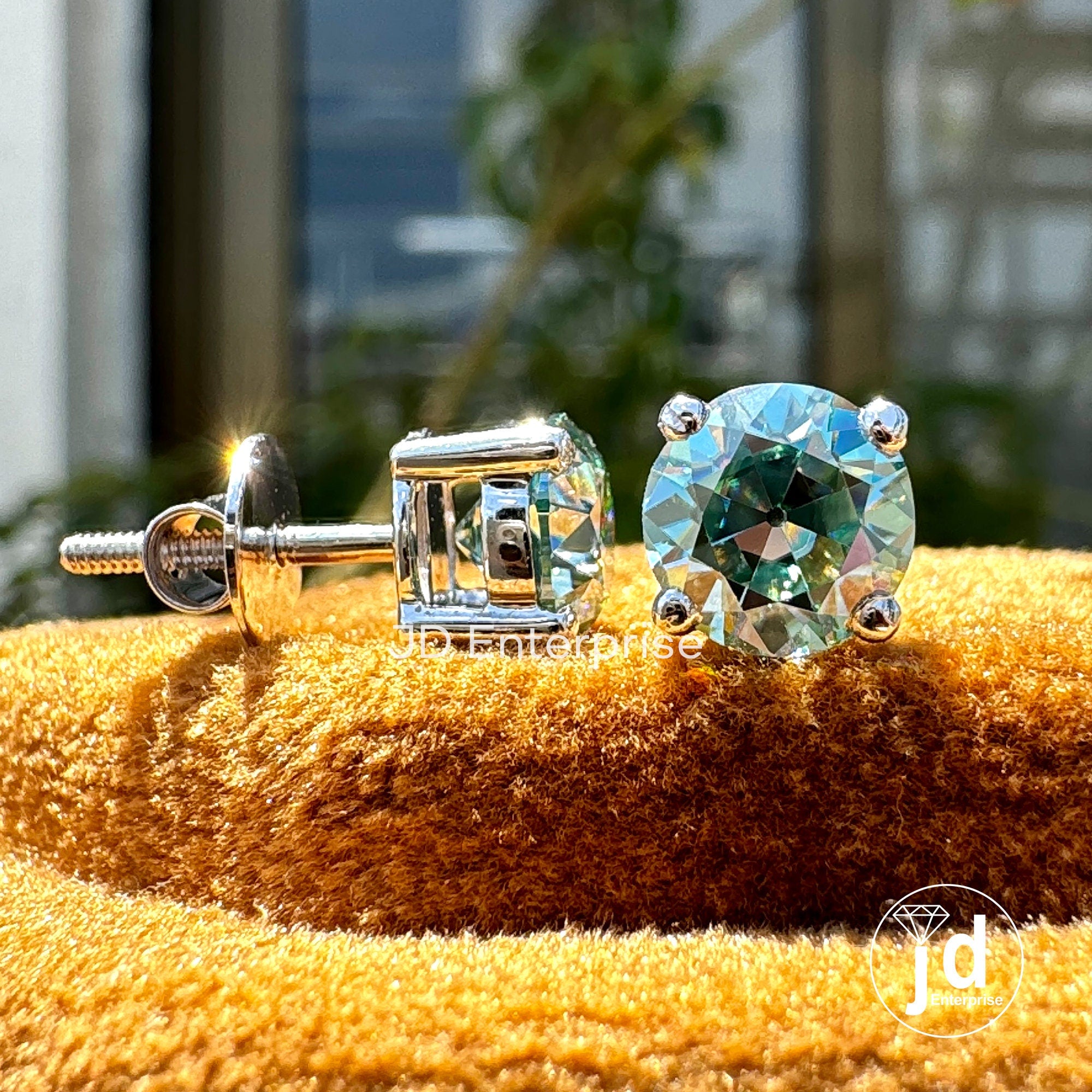 2.00 TCW Antique OEC Round Cyan Blue Moissanite Stud Vintage Style 10K White Gold Earrings, Old European Cut Moissanite Earrings, Screw Back