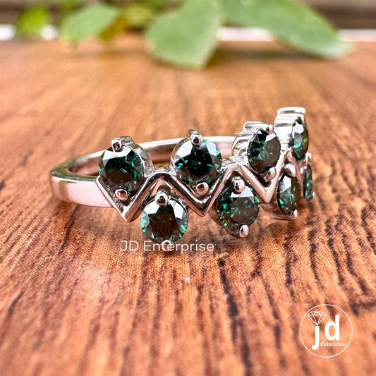 3.00 MM Round Cut Dark Green Moissanite Wedding Band, Half Eternity Anniversary Band, Matching Zigzag Band, Comfort Fit Engagement Band