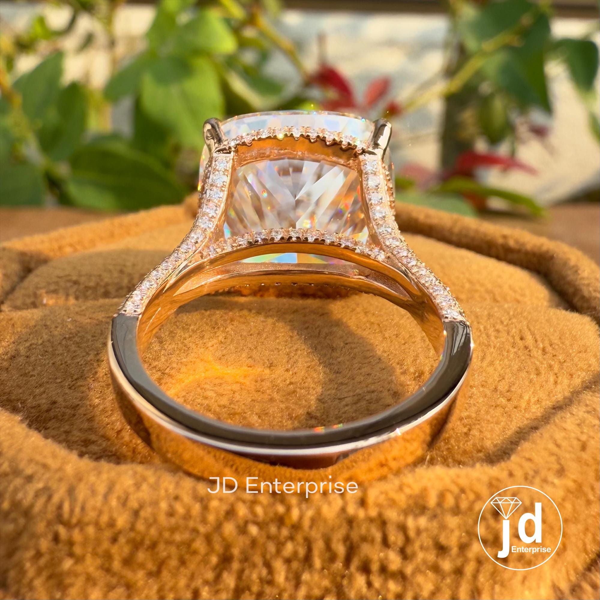 Large 14.50 CT Cushion Cut Moissanite Ring, Hidden Halo Engagement Ring, Pave Split Shank Celebrity Style Wedding Ring, Solid Rose Gold Ring