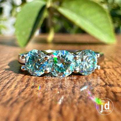 1.40 TW Round Cut Cyan Blue Moissanite Engagement Ring, Three Stone Wedding Ring, White/Yellow/Rose Gold Promise Ring, Anniversary Gift Ring