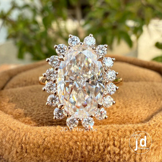 Vintage-Inspired Oval Cut Moissanite Engagement Ring with Floral Sunburst Halo Design in Rose Gold, Perfect Promise/Anniversary/Wedding Gift