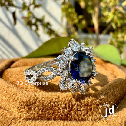 3.50 CTW Round Cut Dark Blue Moissanite Engagement Ring, Vintage Halo Anniversary Ring, Twisted Pave Wedding Ring, Crossover Rings for Women