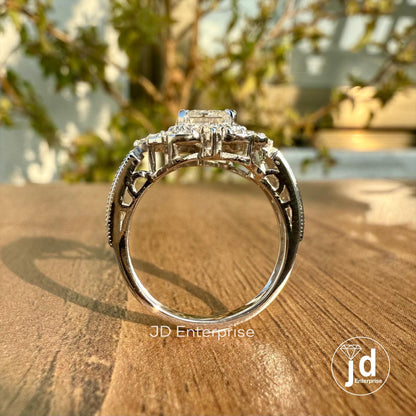 2.0 TW Emerald Cut Moissanite Vintage Engagement Ring, Flower Style Halo Wedding Ring, Milgrain Detailing Ring, Two Row Pave Set Bridal Ring