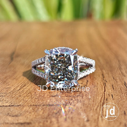 4.80CT Crushed Ice Cushion Light Grey Moissanite Engagement Ring, Hidden Halo Wedding Ring Pave Set Anniversary Ring, White Gold Bridal Ring