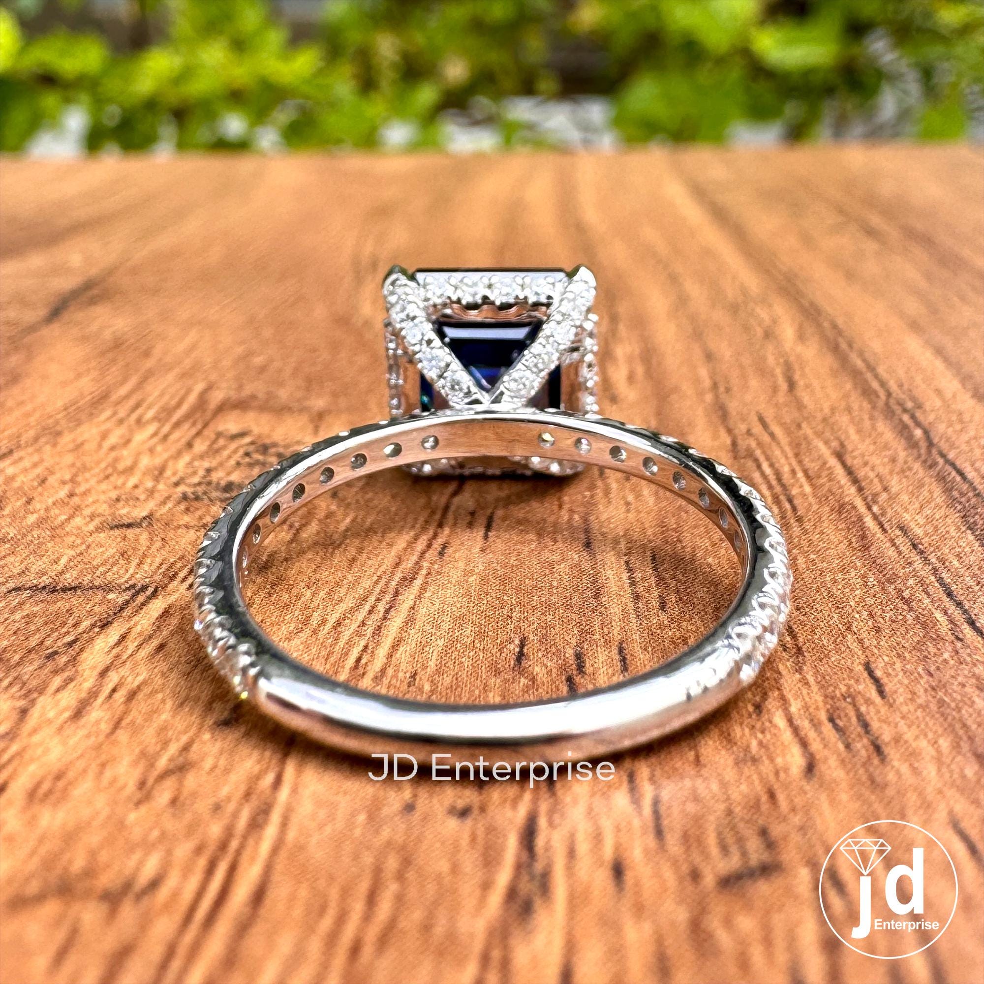 4.00 CT Dark Blue Asscher Moissanite Diamond Ring, Hidden Halo Engagement Ring, Unique Pave Set Wedding Ring, Claw Prong Anniversary Ring