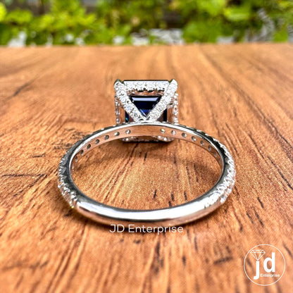 4.00 CT Dark Blue Asscher Moissanite Diamond Ring, Hidden Halo Engagement Ring, Unique Pave Set Wedding Ring, Claw Prong Anniversary Ring