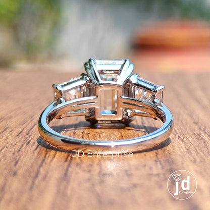 5.50 TW Old Mine Emerald Moissanite Engagement Ring, Side Trapezoid, Three Stone Wedding Ring, Double Claw Prongs Anniversary Ring, Bridal