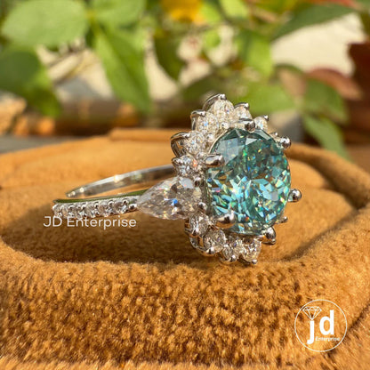 Sunburst Halo Engagement Ring, 2.00 CT Portuguese Cut Cyan Blue Moissanite Wedding Ring, Pave Set Ring, Anniversary Gift Ring, Promise Ring