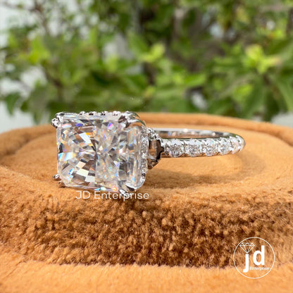 3.06 TW Radiant Cut Moissanite Engagement Ring, East to West Set Double Prong, Hidden Halo Wedding Ring, Bridge Pave Set Anniversary Gift