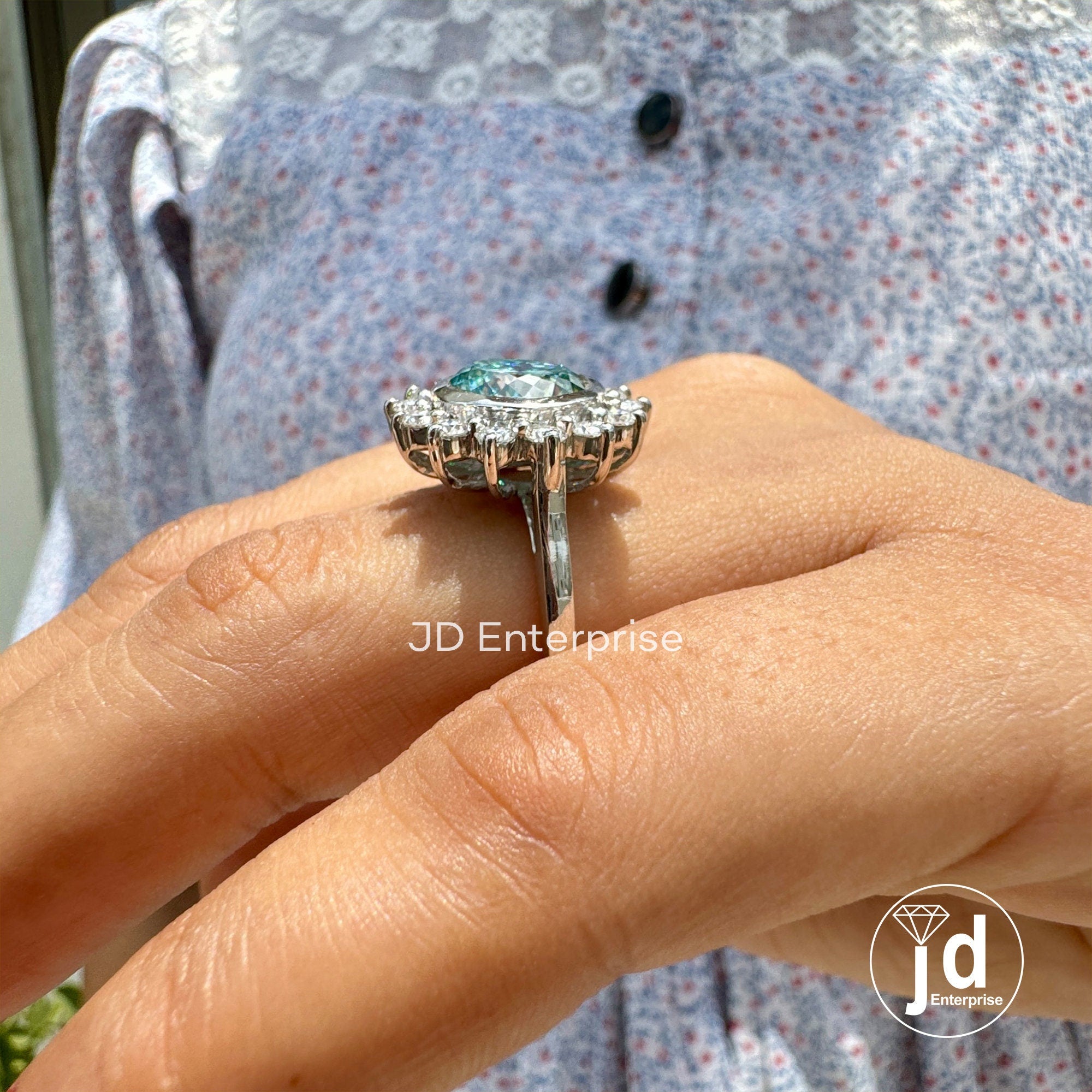 2.25 carat Cyan Blue Portuguese Cut Moissanite Engagement Ring, Antique Halo Ring for Women, Floral Style Wedding Ring, Bespoken Ring