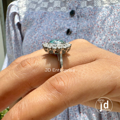 2.25 carat Cyan Blue Portuguese Cut Moissanite Engagement Ring, Antique Halo Ring for Women, Floral Style Wedding Ring, Bespoken Ring