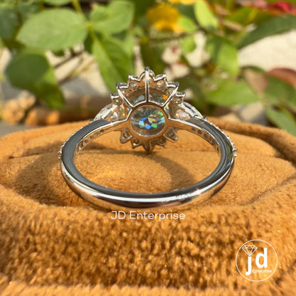 Sunburst Halo Engagement Ring, 2.00 CT Portuguese Cut Cyan Blue Moissanite Wedding Ring, Pave Set Ring, Anniversary Gift Ring, Promise Ring