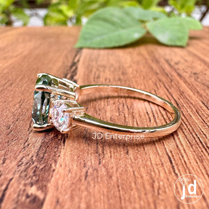 4.00TCW Cushion Cut Blue Green Moissanite Three Stone Engagement Ring, 10k Yellow Gold Bridal Ring, Cocktail Anniversary Ring, Wedding Ring