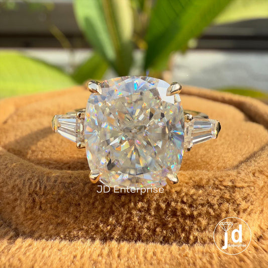 Cushion Cut Moissanite Engagement Ring, Three Stone Wedding Ring, Tapered Baguette Cocktail Ring, 3 Stone Trilogy Ring, Anniversary Gifts