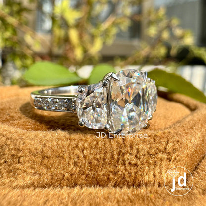 Old Mine Cushion Moissanite Ring, 3.50 TCW Moissanite Engagement Ring, Three Stone Wedding Ring, Halfmoon with Accent Stone, Bridal Ring