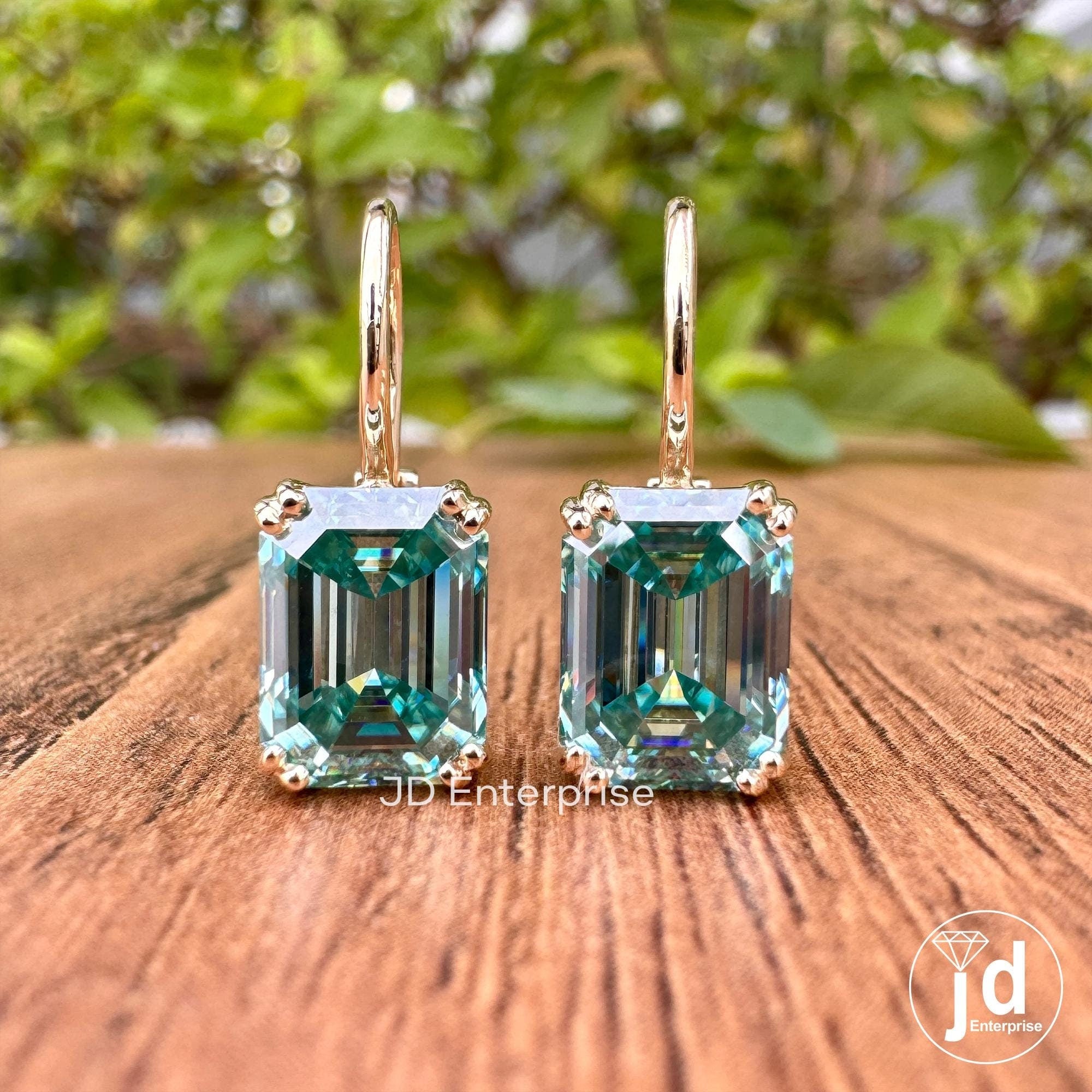 4.70 TCW Bluegreen Emerald Cut Moissanite Earrings, Moissanite Wedding Earrings, Emerald Cut Dangle Earrings, 10kt Yellow Gold Earrings