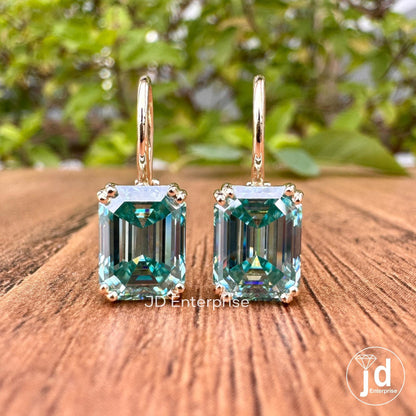 4.70 TCW Bluegreen Emerald Cut Moissanite Earrings, Moissanite Wedding Earrings, Emerald Cut Dangle Earrings, 10kt Yellow Gold Earrings