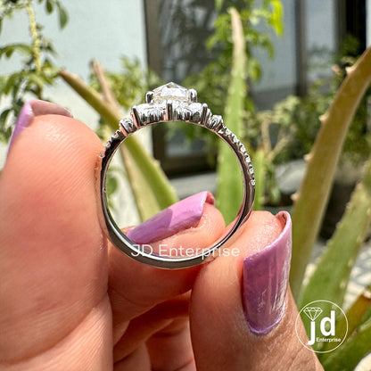 1.50 CT Colorless Rose Cut Pear Moissanite Vintage Ring, With Marquise Cut Curved Band, Solitaire Pear Wedding Ring, Solid Gold Bridal Ring