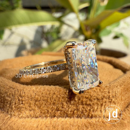 Elongated Radiant Cut Moissanite Hidden Halo Engagement Ring, Pave Wedding Ring for Her, Anniversary Gifts for Women, Accent Bridal Ring