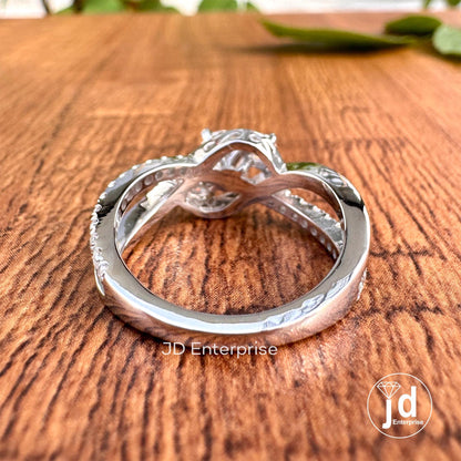 1.12 CT Colorless Round Cut Moissanite Engagement Ring, Three Stone Wedding Ring, Pave Bypass Shank Designer Ring, Anniversary Ring