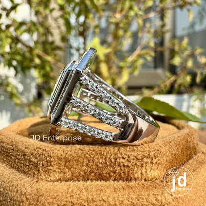 6.50 CT Bezel Set Emerald Cut Bluegreen Moissanite Engagement Ring, Celebrity Style Halo Wedding Ring, Split Pave Bridal Ring, Anniversary