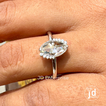 Stunning 1.00 CT Marquise Rose Cut Moissanite Engagement Ring, Half Halo Wedding Ring, Milgrain Ring, Anniversary Ring, Promise Ring