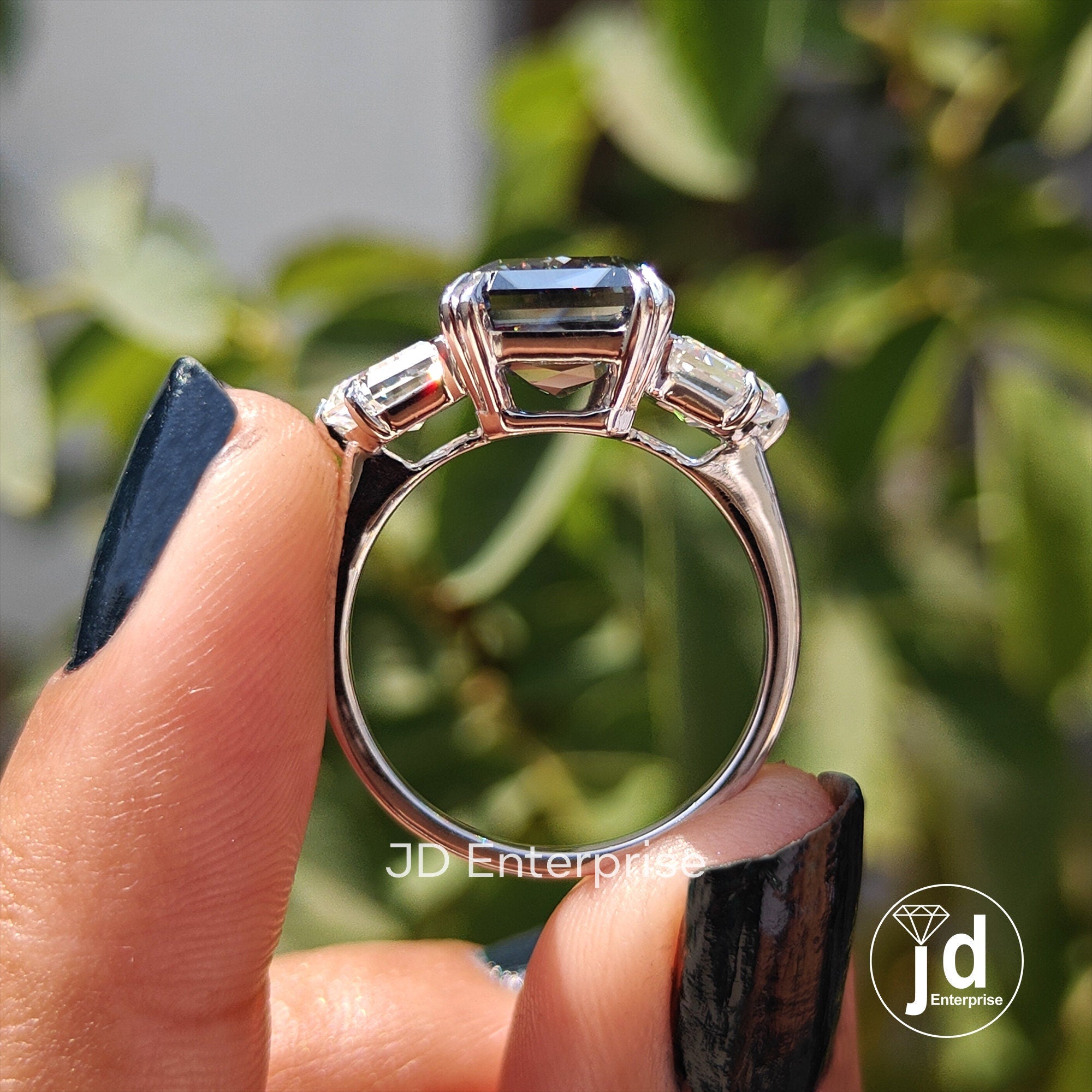 Three Stone Engagement Ring, Large 5.50 CT Criss Cut Grey Moissanite Wedding Ring, Cadillac Cut Cocktail Ring, Trilogy Ring, Bridal Ring