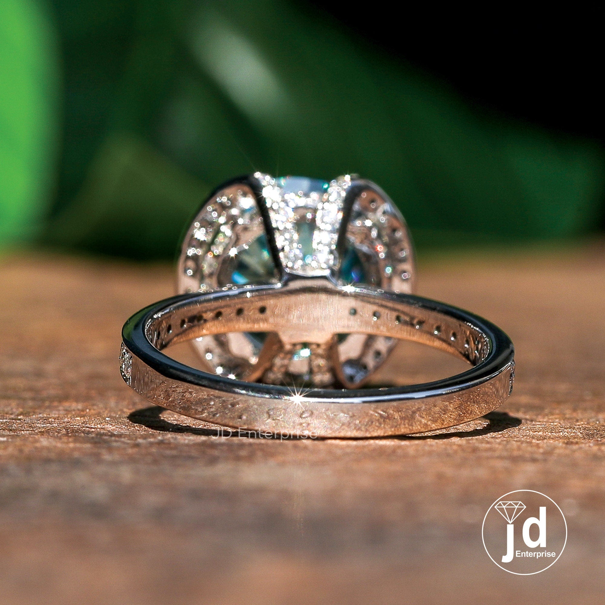 3.60 CT Teal Blue Round Cut Moissanite Half Halo Engagement Ring, Hidden Halo Wedding Ring, Bridal Ring, Pave Set Anniversary Ring, Bridal