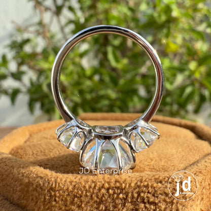 4.80 TW Colorless Cushion and Round Old Mine Cut Moissanite Ring, Vintage Style Three Stone Engagement Ring, Wedding Ring, Anniversary Gifts