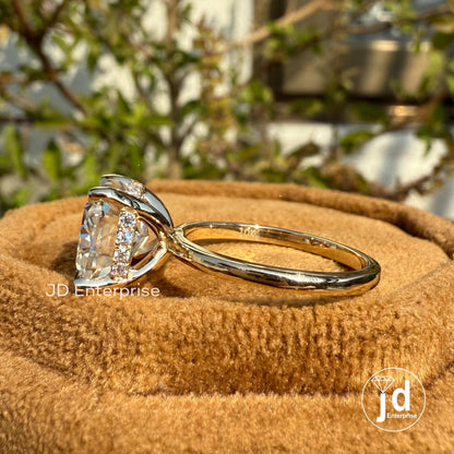 Solitaire Engagement Ring, 4.00 CT Cushion Cut Moissanite East to West Set Hidden Halo Wedding Ring, Anniversary Gifts, 10k Yellow Gold Ring