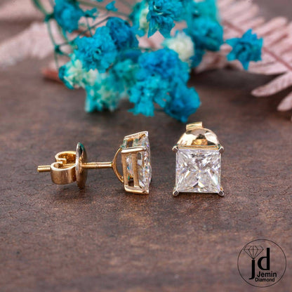 7.50MM Princess Cut Moissanite Earrings / 14K Yellow Gold Solitaire Moissanite Earrings / Princess Studs For Gift