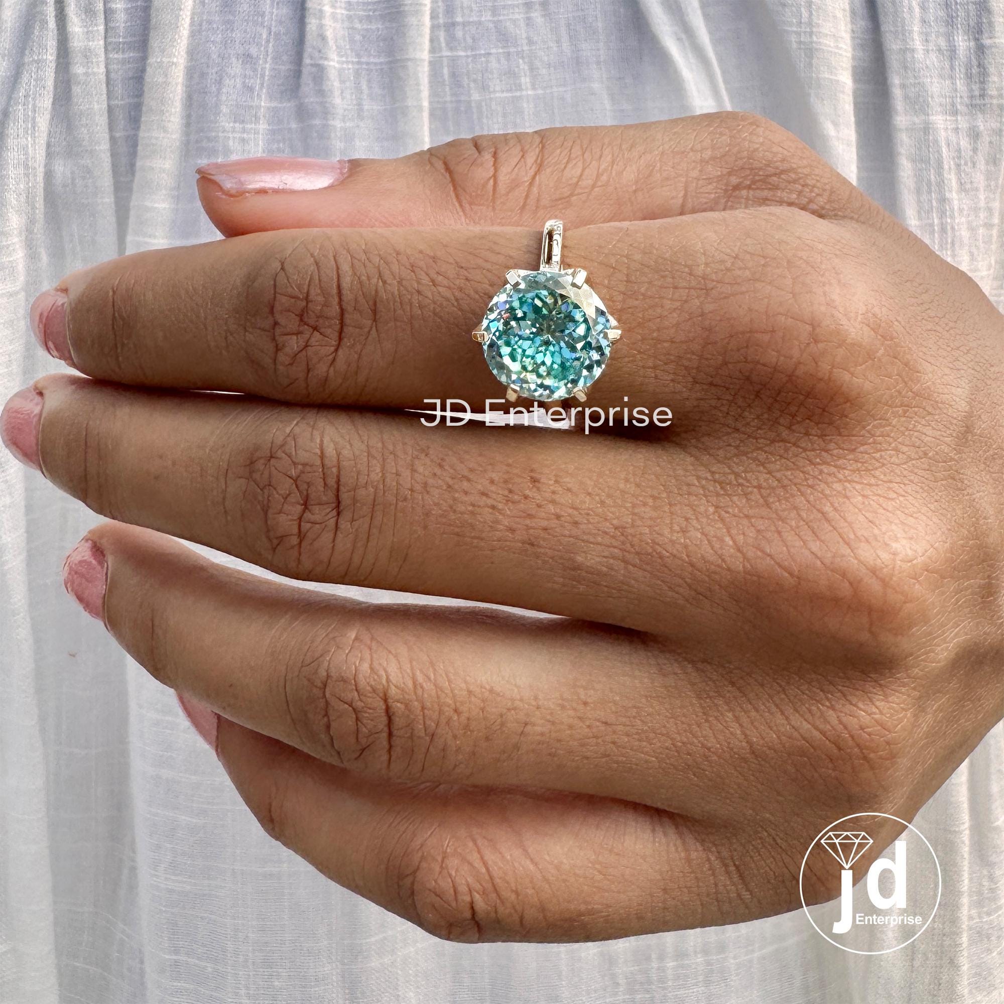 Classic 5.10CT Portuguese Cut Cyan Blue Moissanite Engagement Ring, Solitaire Ring, Cathedral Wedding Ring, Anniversary Gift for Her, Bridal