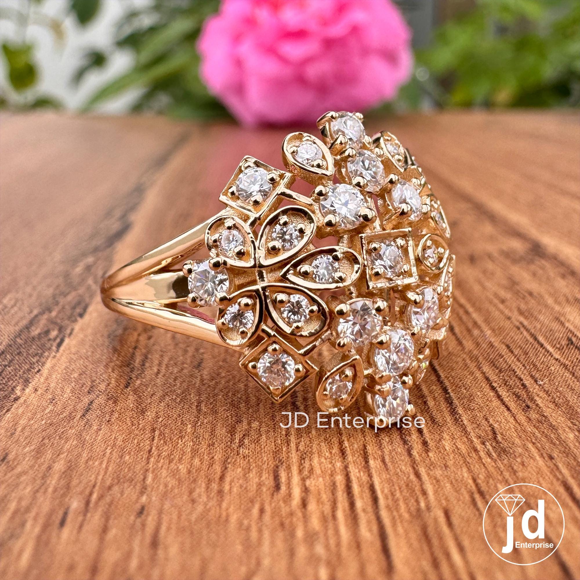 Cocktail Rhombus Bridal Ring, Cluster Set Moissanite Ring, Floral Style Round Cut Moissanite Engagement Ring, 18k Yellow Gold Wedding Ring