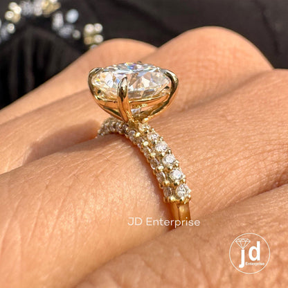 2.50 TCW Round Moissanite Engagement Ring, Three Row Pave Set Solitaire Ring, Micro Pave Wedding Ring, Anniversary Gift Ring for Women
