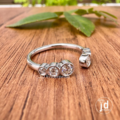 Open Cuff Round Cut Moissanite Wedding Band, Bezel Set Matching Engagement Band, Dainty Stacking Band, Half Eternity Stackable Ring