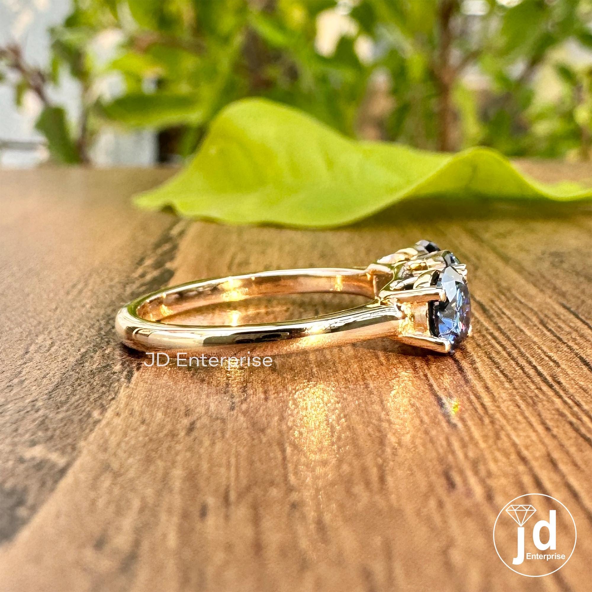 1.50 TCW Round Cut Antique Dark Blue Moissanite Engagement Ring, Three Stone Ring, White Gold Promise Ring, Wedding Ring, Anniversary Gift