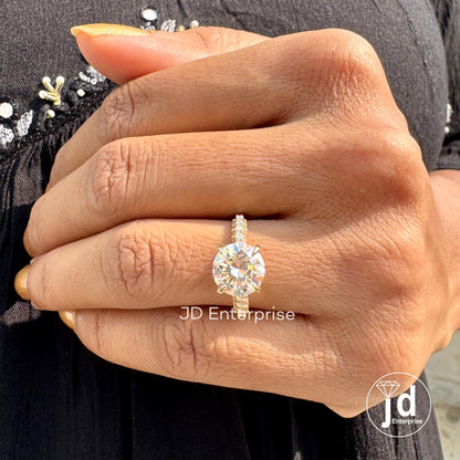 2.50 TCW Round Moissanite Engagement Ring, Three Row Pave Set Solitaire Ring, Micro Pave Wedding Ring, Anniversary Gift Ring for Women