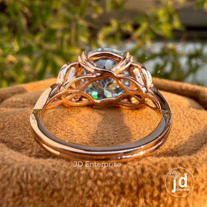 7.70 CT Cyan Blue Portuguese Cut Moissanite Ring, Antique Diamond Engagement Ring, Solitaire Wedding Ring, 10K Rose Gold Anniversary Ring