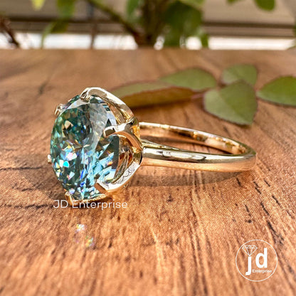 Classic 5.10CT Portuguese Cut Cyan Blue Moissanite Engagement Ring, Solitaire Ring, Cathedral Wedding Ring, Anniversary Gift for Her, Bridal