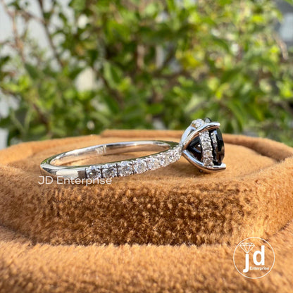 1.50 CT Round Black Moissanite Hidden Halo Engagement Ring, Pave Set Wedding Ring, Anniversary Gift Ring, Promise Ring, Proposal Ring