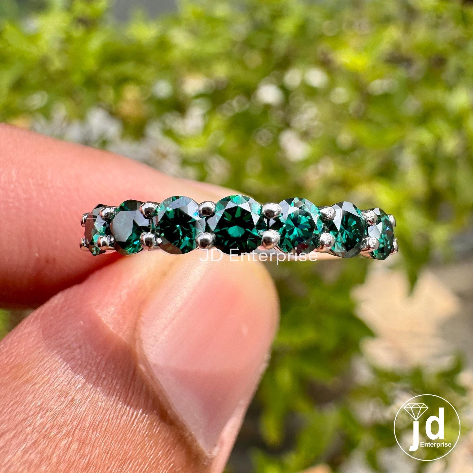 Gorgeous Stack Dark Green Moissanite Ring, VVS1 Sterling Silver Anniversary gift, Wedding Band gift for her Promise ring, half eternity band