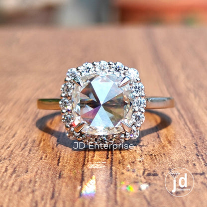 2.00 CT Cushion Rose Cut Moissanite Ring, Halo Engagement Ring, Wedding Ring, Anniversary Gift Ring, Bridal Ring, Perfect Proposal Ring