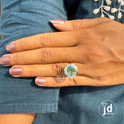 Two-Tone Bezel Engagement Ring, 7.75 CT Portuguese Cut Greenish Blue Moissanite Ring, Classic Solitaire Wedding Ring, Anniversary Gift