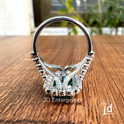 4.87 TCW Emerald Cut Dark Green Moissanite Engagement Ring, Halo Ring, Wedding Ring, Pave Split Shank Ring, Milgrain Ring, Art Deco Ring