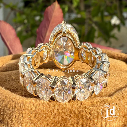 Large Oval Moissanite Engagement Ring, Hidden Halo With Wide Band, 13.0 TCW Oval Wedding Ring, Big Oval Cut Celebrity Style Yellow Gold Ring