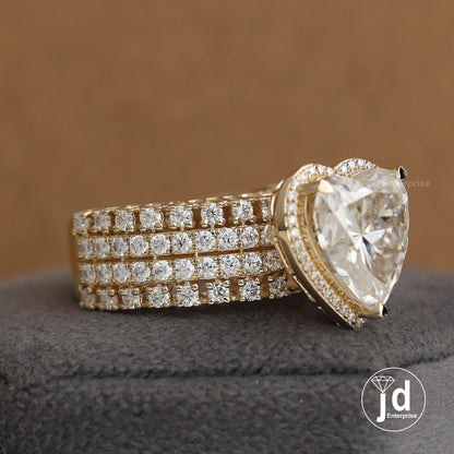 6.00 CT Colorless Heart Shape Moissanite Halo Engagement Ring, Tulip Basket Set Wedding Ring, Four Row Pave Accent Ring, Yellow Gold Ring