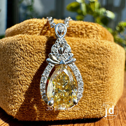 Canary Yellow Moissanite Charm Pendant Necklace, 1.50 CT Pear Cut Cluster Halo Wedding Necklace, Engagement/Anniversary/Birthday Gifts