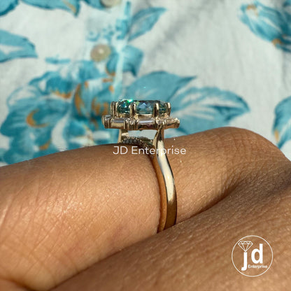 3.0 CT Portuguese Cut Cyan Blue Moissanite Ring, Vintage Style Engagement Ring, Baguette and Round Halo Ring, Wedding Ring, Anniversary Gift