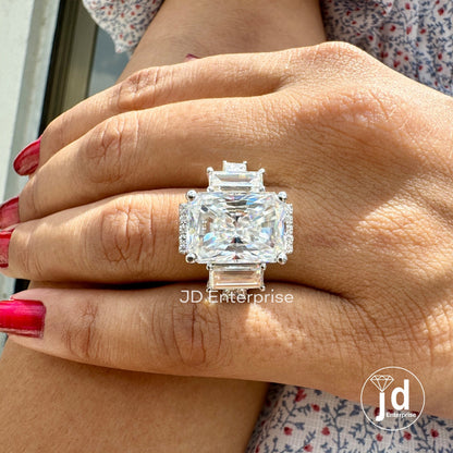 10.34 TCW Colorless Radiant Cut Moissanite Ring, Five Stone Moissanite Wedding Ring, Half Halo Ring for Women, Moissanite Engagement Ring