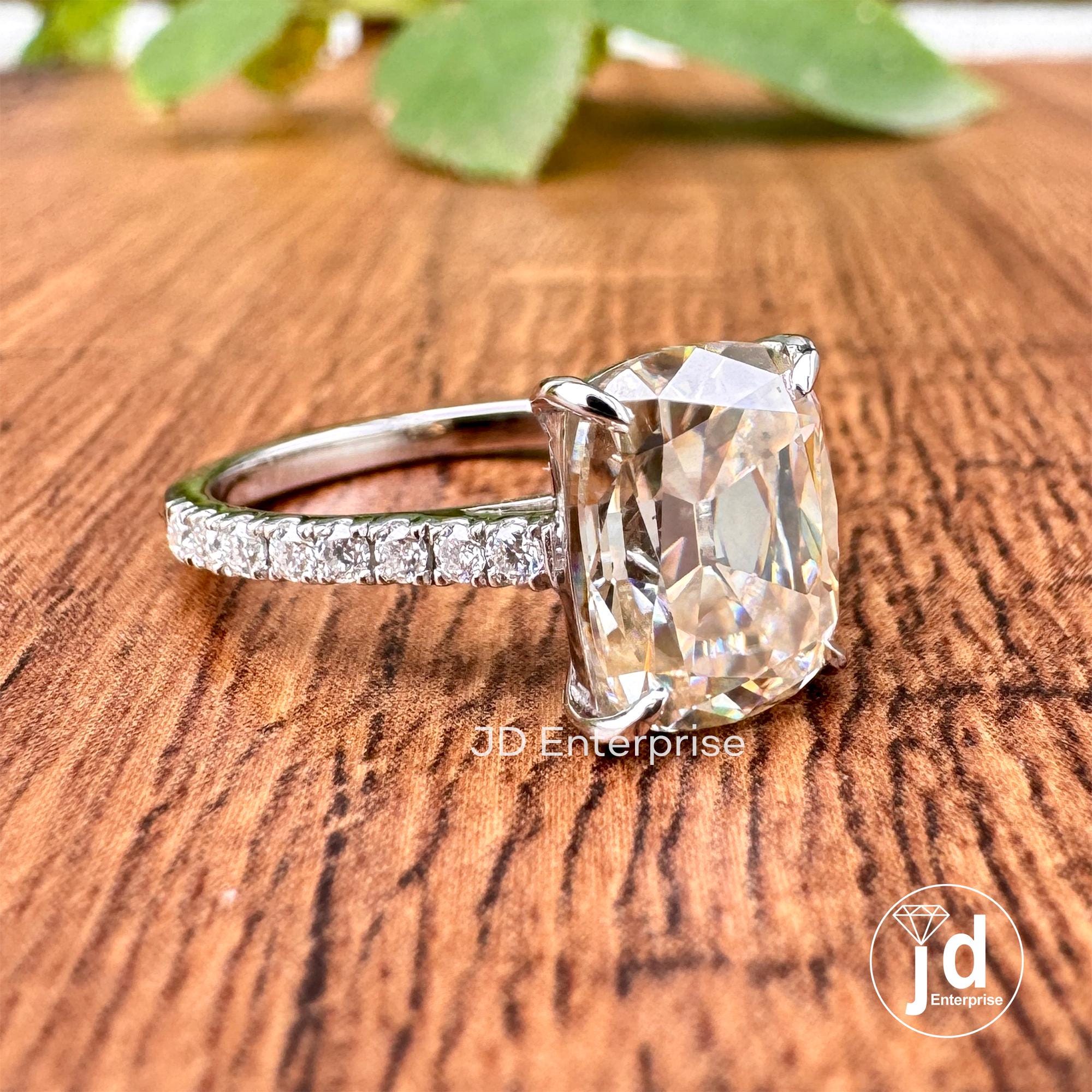 Old Mine Cushion Moissanite Ring, Off-White Moissanite Anniversary Ring, Vintage Style Engagement Ring, Pave Set Moissanite Proposal Ring